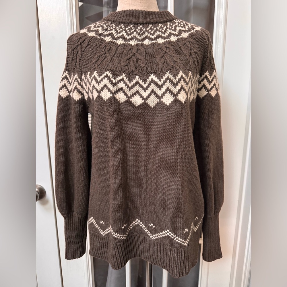 Tuckernuck Fair Isle Cable Knit Sweater XS – Brown & Cream Wool/Cashmere Blend